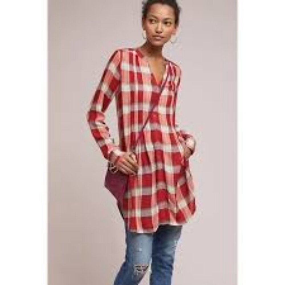 Anthropologie Akemi + Kin‎ Lucie Plaid Tunic Red Oversized Size XS Lightweight